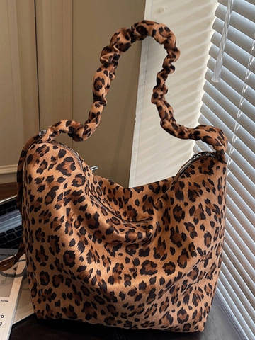 Leopard Print Shoulder Bag For Women Large Capacity Suede Tote Bag Pleated Strap Retro Fashion Commuting Hobo Handbag