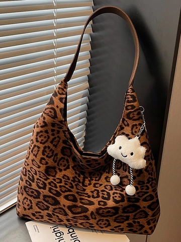 Damen Vintage Leopardenmuster Große Kapazität Wildleder Tragetasche Cloud Charm Retro Schulter Handtasche Alltag Mode Tasche