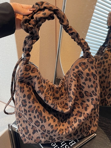 Leopard Print Shoulder Bag For Women Large Capacity Suede Tote Bag Pleated Strap Retro Fashion Commuting Hobo Handbag