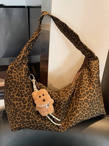 Borsa a Tracolla Vintage in Denim con Stampa Leopardata Grande Capacità per Donna Borsa Hobo Shopping con Ciondolo a Orsetto Borsa a Mano Casual Moda