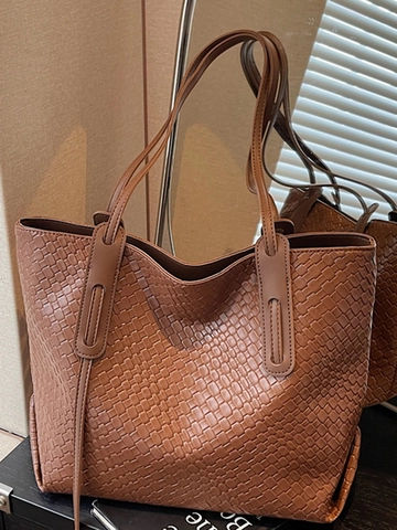 Vintage Gewebte Gitter PU Leder Tragetasche Für Damen Große Kapazität Umhängetasche Casual Urban Simplicity Handtasche Pendeln