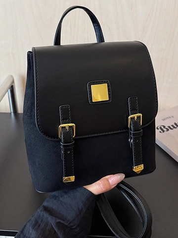 Mochila Mujer Patchwork Vintage Cuero PU Gamuza Color Contraste Gran Capacidad Estilo Preppy Mochila Viaje Hebilla Oro Solapa