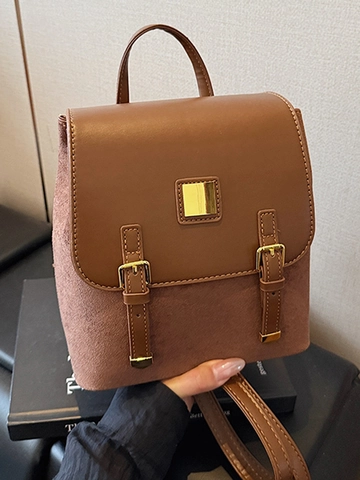 Mochila Mujer Patchwork Vintage Cuero PU Gamuza Color Contraste Gran Capacidad Estilo Preppy Mochila Viaje Hebilla Oro Solapa