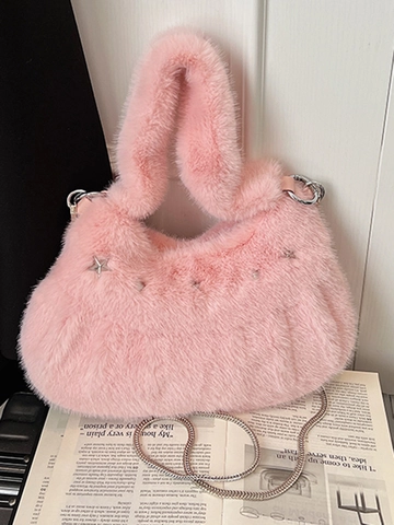 Damen Minimalistische Plüsch Schultertasche Mit Sternennieten Kunstpelz Umhängetasche Herbst Winter Mode Kette Tasche