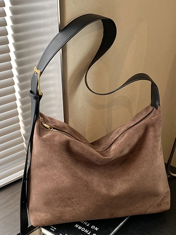 Women Large Capacity Faux Suede Shoulder Bag Urban Minimalist Hobo Handbag Fashion Casual Commute Crossbody Bag Solid Leopard