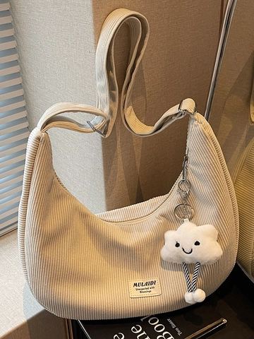 Women Corduroy Crescent Shoulder Bag Vintage Solid Color Underarm Bag With Plush Cloud Pendant Adjustable Strap Hobo Bag Daily Tote