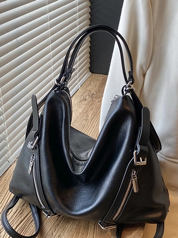 Grand Sac Fourre-tout en Cuir PU pour Femmes Style Moto Sac à Bandoulière Commuter avec Multi Fermetures Éclair