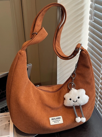 Women Corduroy Crescent Shoulder Bag Vintage Solid Color Underarm Bag With Plush Cloud Pendant Adjustable Strap Hobo Bag Daily Tote