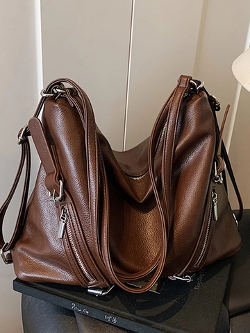 Grand Sac Fourre-tout en Cuir PU pour Femmes Style Moto Sac à Bandoulière Commuter avec Multi Fermetures Éclair
