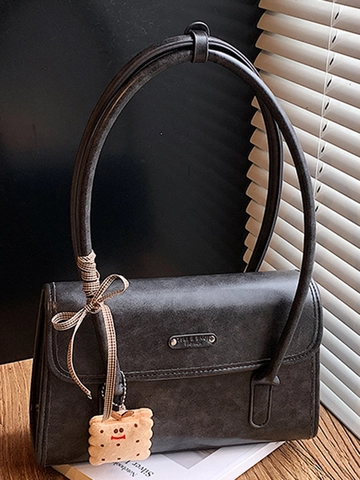 Bolso de Axila de Cuero PU Retro para Mujer Bolso de Hombro Minimalista Con Lazo de Cuadro Colgante de Peluche de Galleta