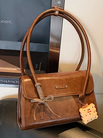 Bolso de Axila de Cuero PU Retro para Mujer Bolso de Hombro Minimalista Con Lazo de Cuadro Colgante de Peluche de Galleta