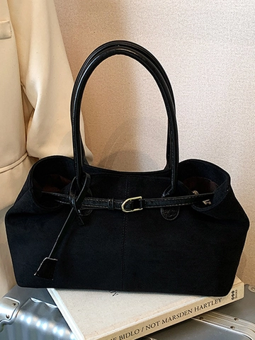 Bolso Tote de Gamuza Vintage para Mujer Gran Capacidad Bolso de Hombro Minimalista Color Sólido Bolso de Mano con Hebilla Decorativa