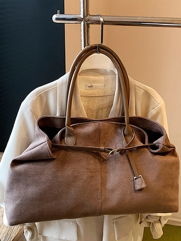 Bolso Tote de Gamuza Vintage para Mujer Gran Capacidad Bolso de Hombro Minimalista Color Sólido Bolso de Mano con Hebilla Decorativa