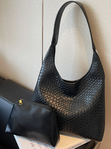 Large Capacity PU Woven Shoulder Bag Urban Minimalist Hobo Bag for Women Solid Color Daily Commute Tote Casual Chic Handbag