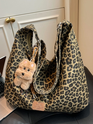 Amerikanischer Vintage Leopardenmuster Segeltuch Schultertasche Unterarmtasche Für Damen Große Kapazität Lässiger Lazy-Stil Tragetasche Pendeln Shopping Handtasche