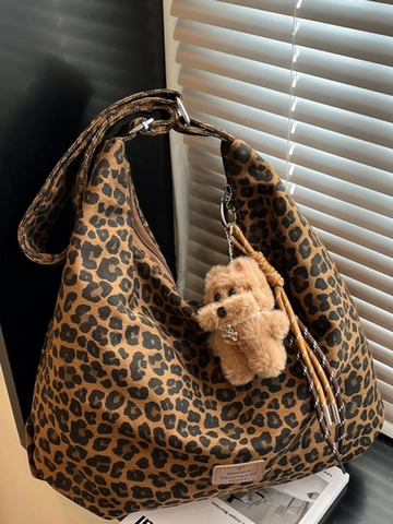 Amerikanischer Vintage Leopardenmuster Segeltuch Schultertasche Unterarmtasche Für Damen Große Kapazität Lässiger Lazy-Stil Tragetasche Pendeln Shopping Handtasche