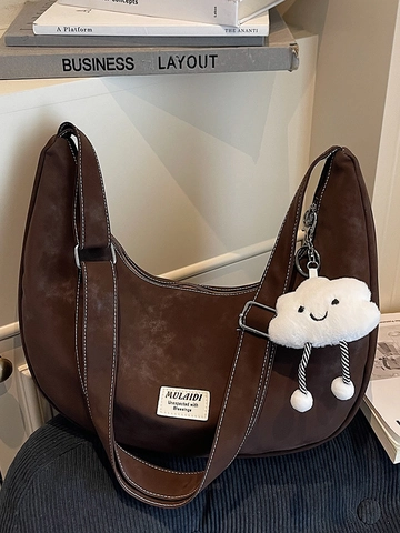 Large Capacity Flannel Crescent Shoulder Bag For Women Urban Minimalist Stitching Crossbody Bag With Cloud Pendant Hobo Bag