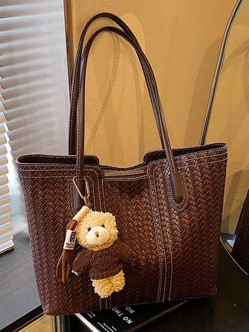 Große Kapazität Vintage Gewebte PU Leder Tote Bag Für Damen Casual Neue Schultertasche Für Arbeit Pendeln Mit Bärenanhänger