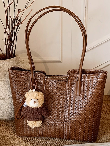 Große Kapazität Vintage Gewebte PU Leder Tote Bag Für Damen Casual Neue Schultertasche Für Arbeit Pendeln Mit Bärenanhänger