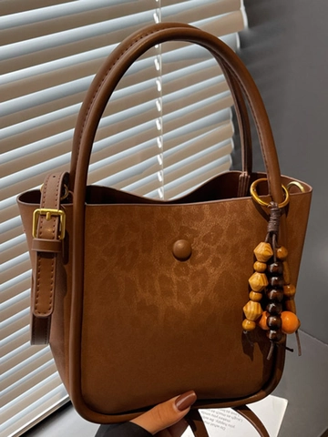 Women Faux Suede Bucket Bag Large Capacity Leopard Print Shoulder Bag Vintage Commuter Tote With Wooden Bead Charm