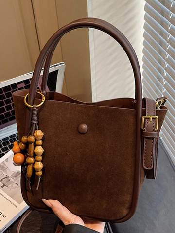 Women Faux Suede Bucket Bag Large Capacity Leopard Print Shoulder Bag Vintage Commuter Tote With Wooden Bead Charm