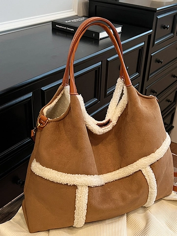 Dames Grote Capaciteit Suède Tote Tas Herfst Winter Kunstlamswol Trim Schoudertas Casual Retro Handtas