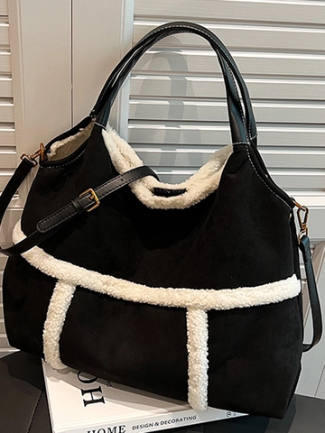 Dames Grote Capaciteit Suède Tote Tas Herfst Winter Kunstlamswol Trim Schoudertas Casual Retro Handtas