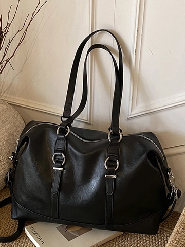 Borsa Tote Retrò Donna Grande Capacità in Pelle PU Tracolla Borsa a Mano Con Decoro ad Anello Argentato Borsa Pendolare per Ufficio