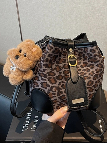 Bolso Cubo de Gamuza Sintética con Estampado de Leopardo Retro para Mujer Minimalista Urbano Bolso Bandolera con Peluche
