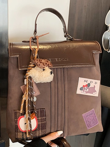 Sac à Dos Femme Style Académie Vintage Grande Capacité Patchwork Cuir PU Givré Sac d'École de Voyage Avec Charme