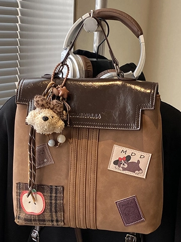 Sac à Dos Femme Style Académie Vintage Grande Capacité Patchwork Cuir PU Givré Sac d'École de Voyage Avec Charme