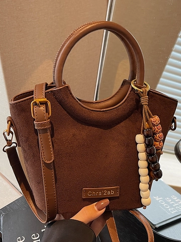 Dames Mode Suède PU Leer Emmer Tas Rond Handvat Kralen Hanger Crossbody Schoudertas Luipaardprint Handtas