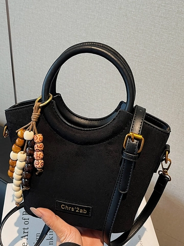 Dames Mode Suède PU Leer Emmer Tas Rond Handvat Kralen Hanger Crossbody Schoudertas Luipaardprint Handtas