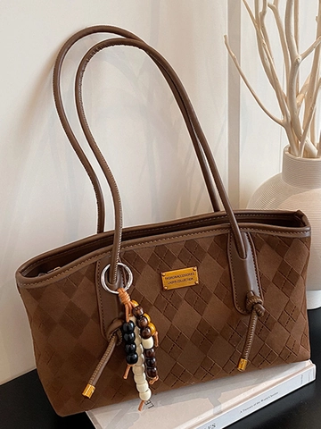 Vintage Faux Suede Diamond Pattern Shoulder Bag For Women Retro PU Leather Underarm Tote Bag With Beaded Charm Commuter Bag