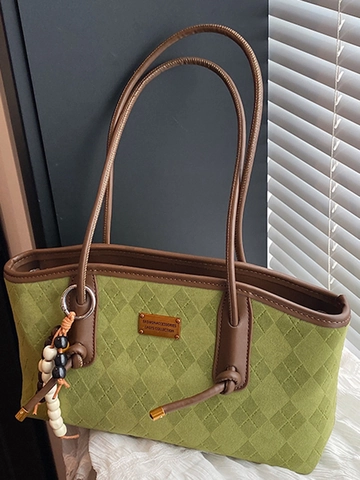 Vintage Faux Suede Diamond Pattern Shoulder Bag For Women Retro PU Leather Underarm Tote Bag With Beaded Charm Commuter Bag