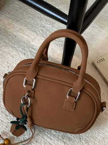 Vintage PU Leather Small Boston Shoulder Bag For Women Urban Minimalist Retro Crossbody Handbag With Pendant Fashion Commuter Travel Bag