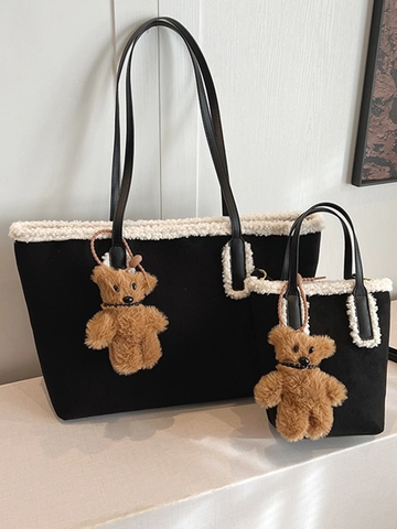 Herfst Winter Suède Tote Tas Voor Dames Plüsch Trim Splicing Schoudertas Met Berenhanger Grote Capaciteit Pendeltas Handtas