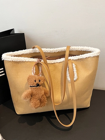 Herfst Winter Suède Tote Tas Voor Dames Plüsch Trim Splicing Schoudertas Met Berenhanger Grote Capaciteit Pendeltas Handtas