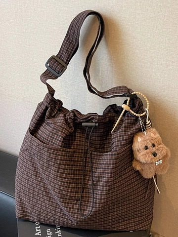 Women Korean Gingham Canvas Shoulder Bag Large Capacity Drawstring Tote Bag With Plush Bear Charm Casual Daily Commuter Bag