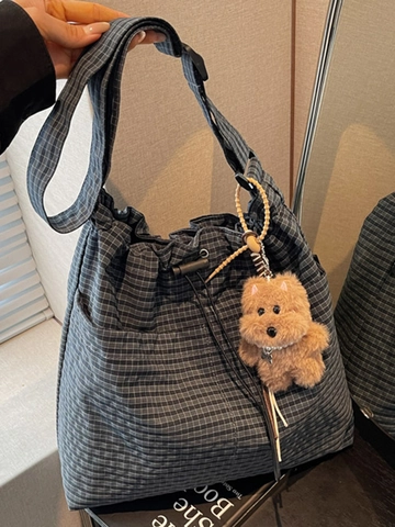 Women Korean Gingham Canvas Shoulder Bag Large Capacity Drawstring Tote Bag With Plush Bear Charm Casual Daily Commuter Bag