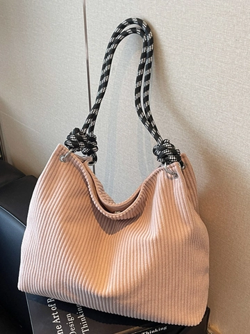 Large Corduroy Tote Bag For Women Checkered Woven Rope Strap Ribbed Texture Shoulder Bag Casual Relaxed Style Shopper Bag