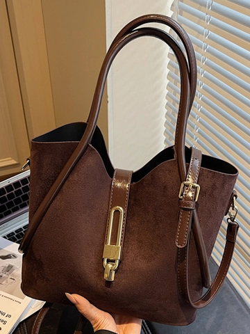 Bolso Tote Vintage para Mujer Gran Capacidad Cuero PU Esmerilado Bolso de Hombro Cruzado Hebilla de Metal Dorado Bolso de Oficina