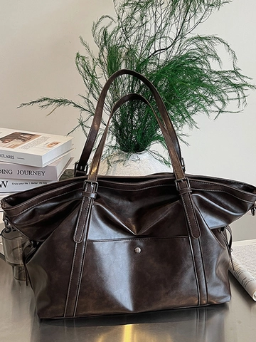 Large Capacity Vintage PU Leather Tote Bag For Women Minimalist Commuter Shoulder Bag With Adjustable Strap Solid Color