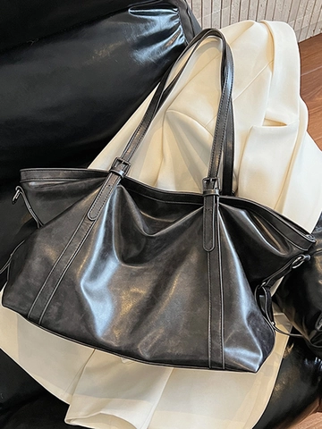 Large Capacity Vintage PU Leather Tote Bag For Women Minimalist Commuter Shoulder Bag With Adjustable Strap Solid Color