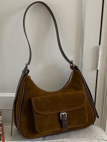 Vintage Frosted PU Underarm Bag For Women Minimalist Hobo Shoulder Bag With Front Flap Pocket Retro Style Solid Color Handbag