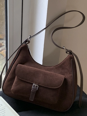 Vintage Frosted PU Underarm Bag For Women Minimalist Hobo Shoulder Bag With Front Flap Pocket Retro Style Solid Color Handbag