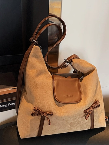 Retro Große Kapazität Wildleder Rucksack Damen Mit Leopard Schleife Dekoration Multifunktionale Schultertasche Tote Pendeltasche