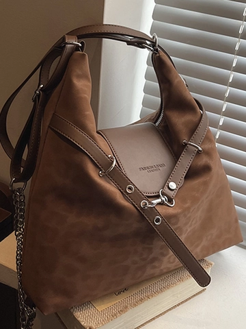Retro Large Capacity Leopard Print Suede Shoulder Bag For Women Fashion Tote Bag With Metal Chain Decoration Commuter Handbag
