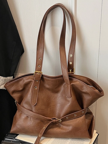 Bolso Tote de Moda para Mujer de Cuero PU Gran Capacidad Bolso de Hombro Casual para Trabajo Color Sólido Bolso Shopper Retro