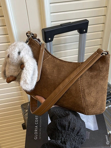Borsa Hobo Vintage in Tessuto Scamosciato Con Ciondolo a Coniglietto Donna Autunno Inverno Borsa a Spalla Minimalista Versatile